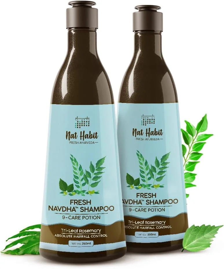 شامپو ضد ریزش مو رزماری سه برگ طبیعی بدون سولفات Nat Habit، شامپو Navdha برای زنان و مردان (بسته 2 عددی 250 میلی لیتری)