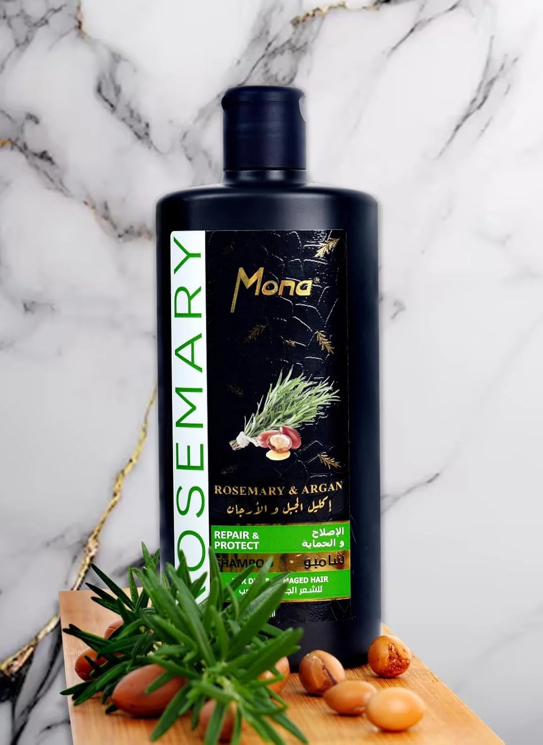 شامپو تقویت کننده رزماری و آرگان مونا برای موهای ضخیم تر و سالم تر، تسکین دهنده پوست سر حساس - عملکرد آرام بخش - برای آقایان و بانوان 440 میلی لیتر