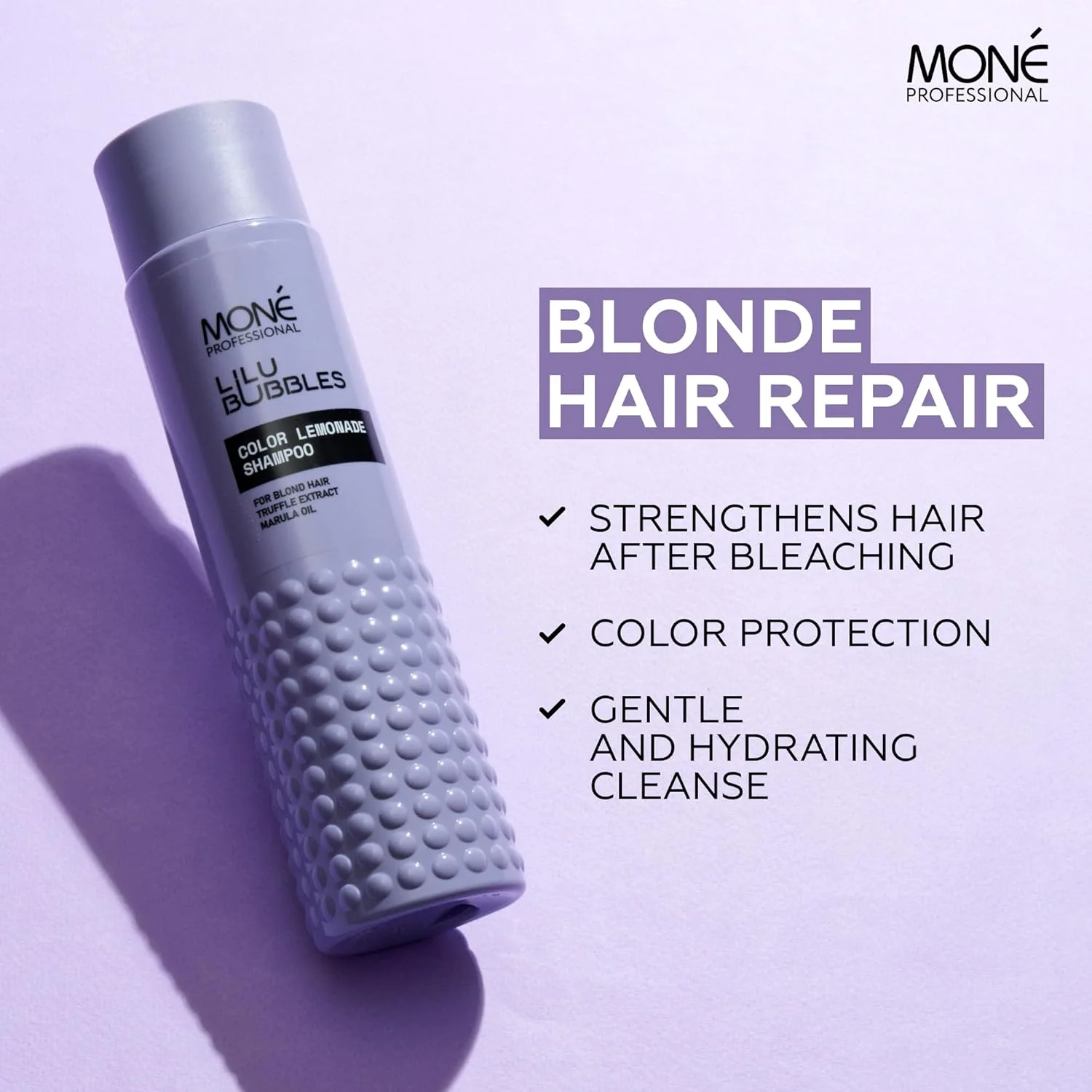 شامپو حرفه ای موهای بلوند رنگ شده و طبیعی MONÉ - بر پایه کراتین - احیا کننده رنگ و شادابی، تقویت کننده و محافظت کننده - غیر بنفش - 300 میلی لیتر