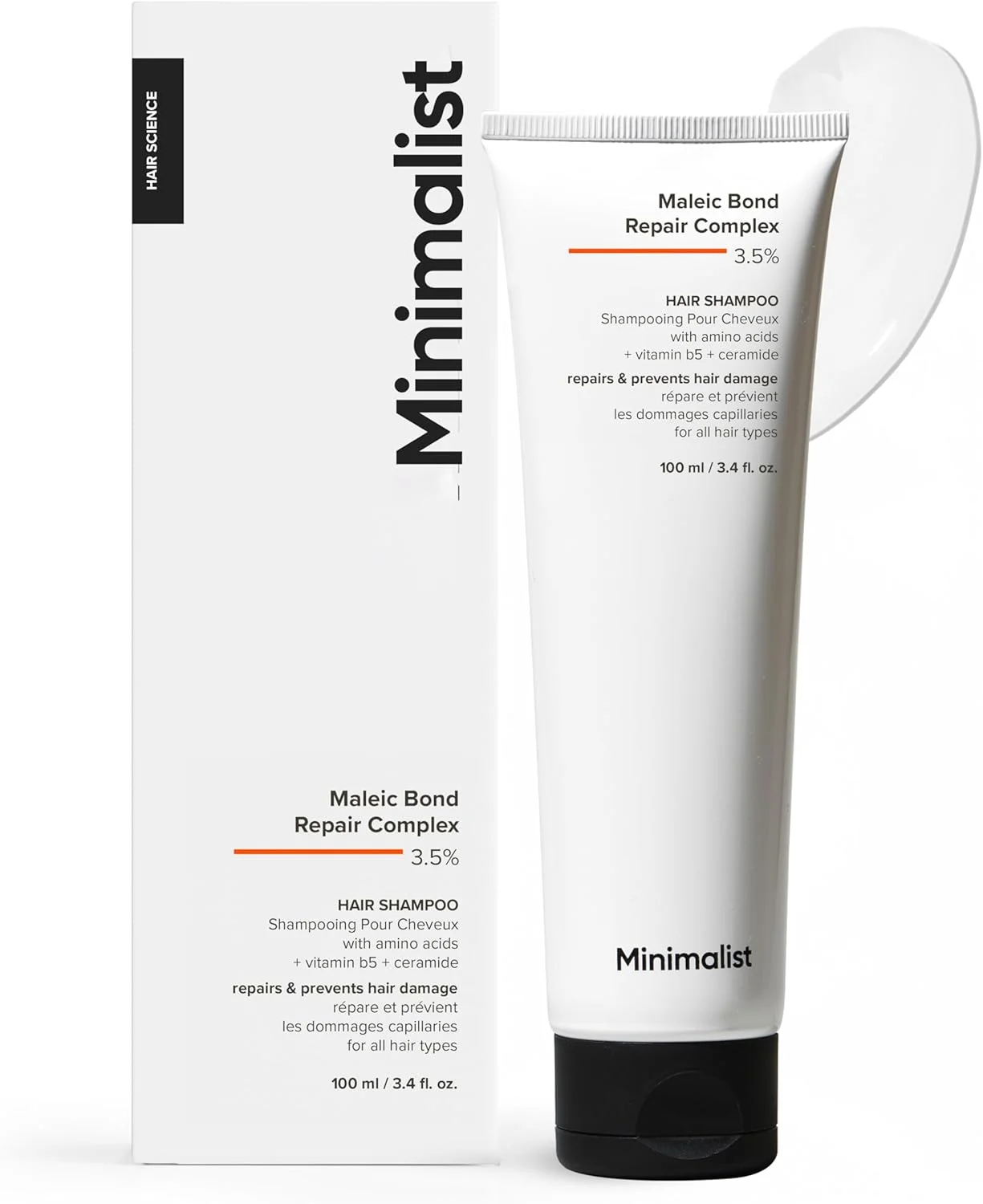 شامپو ترمیم کننده پیوند مالئیک مینیمالیست 3.5% مو با سرامید، روغن نارگیل و بتائین | برای موهای آسیب دیده و وز | برای زنان و مردان | برای انواع مو | 100 میلی لیتر (بسته 1 عددی)