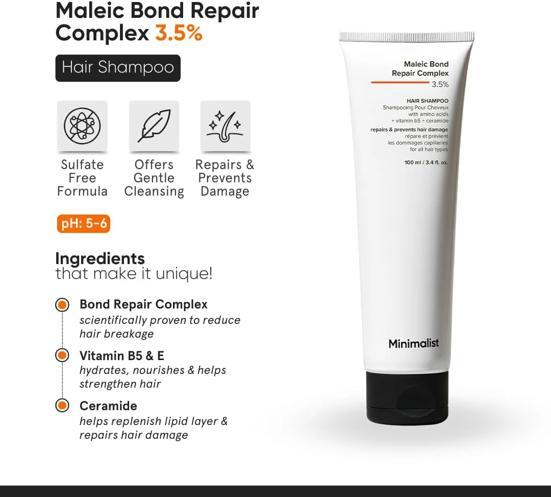 شامپو ترمیم کننده پیوند مالئیک مینیمالیست 3.5% مو با سرامید، روغن نارگیل و بتائین | برای موهای آسیب دیده و وز | برای زنان و مردان | برای انواع مو | 100 میلی لیتر (بسته 1 عددی)