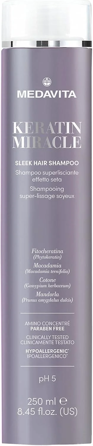 شامپو کراتین میراکل نرم کننده مو مداویتا 250 میلی لیتر، شامپو فوق العاده صاف کننده با اثر ابریشمی، ساخت ایتالیا