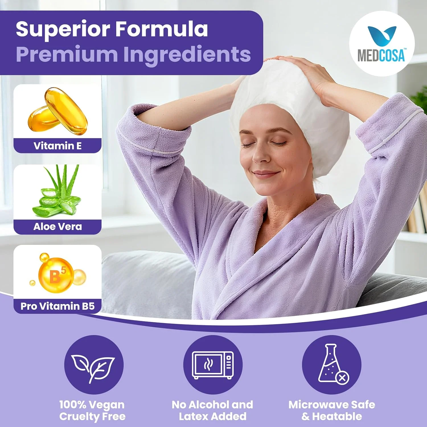 کلاه شامپو بدون نیاز به آب Medcosa - کلاه های شستشوی آسان مو برای سالمندان - کلاه شامپو برای افراد بستری - حاوی آلوئه ورا، ویتامین E، بابونه - بسته 5 عددی