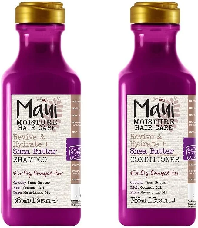 مجموعه دوتایی شامپو و نرم کننده Maui Moisture Revive & Hydrate + Shea Butter برای ترمیم و آبرسانی عمیق موهای فر، حاوی روغن نارگیل و ماکادمیا، وگان، بدون سیلیکون، پارابن و سولفات