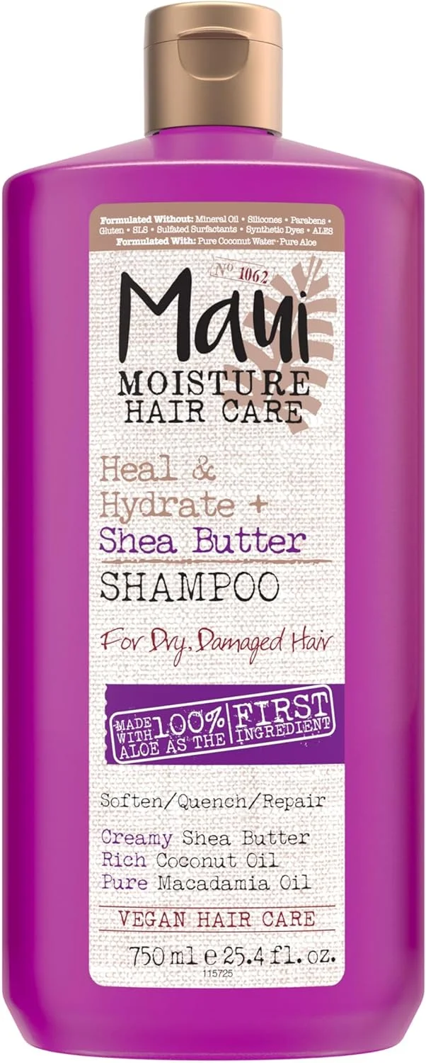 شامپو شی باتر مائویی مویسچر Heal & Hydrate مناسب موهای فر خشک و آسیب دیده، احیا کننده موهای فر و مجعد حاوی روغن نارگیل و روغن ماکادمیا، وگان و بدون سولفات، 750 میلی لیتر