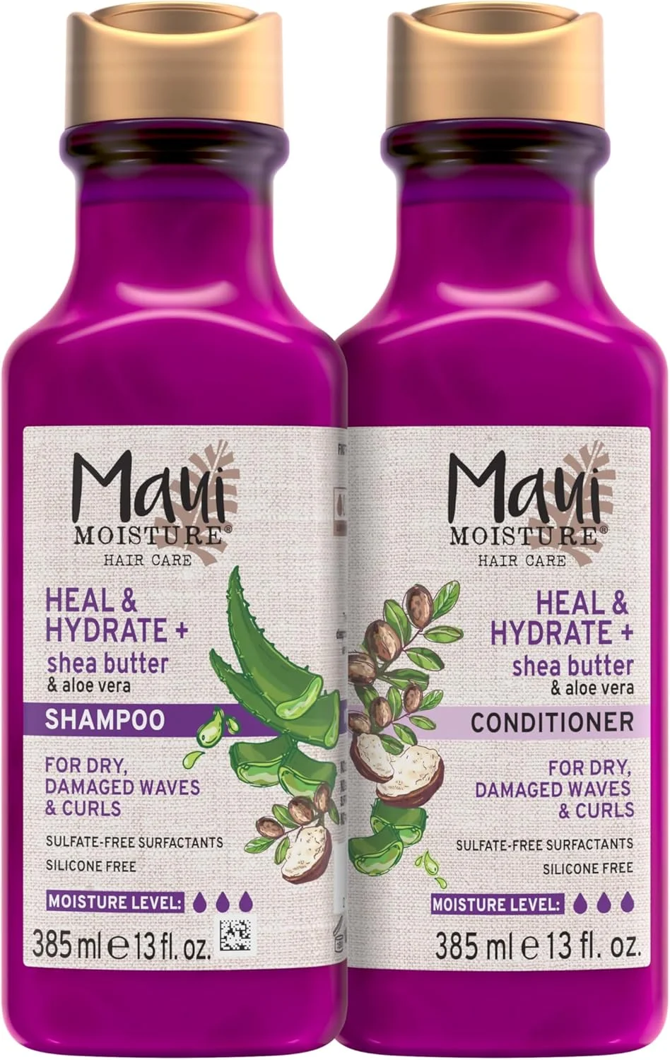 شامپو و نرم کننده شی باتر Maui Moisture Heal & Hydrate + برای ترمیم و آبرسانی عمیق موهای مجعد و فر با روغن نارگیل و ماکادمیا، وگان، بدون سیلیکون، پارابن و سولفات، 385 میلی لیتر
