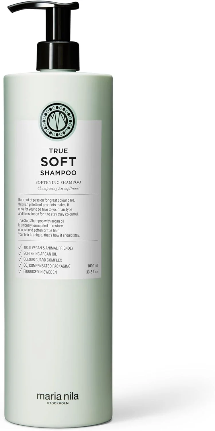 شامپو ماریا نیلا True Soft، ۱۰۰۰ میلی لیتر، برای موهای خشک، روغن آرگان رطوبت رسان و کاهش دهنده وز، ۱۰۰٪ وگان و بدون سولفات/پارابن