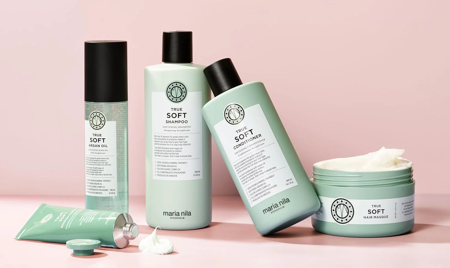 شامپو ماریا نیلا True Soft، ۱۰۰۰ میلی لیتر، برای موهای خشک، روغن آرگان رطوبت رسان و کاهش دهنده وز، ۱۰۰٪ وگان و بدون سولفات/پارابن