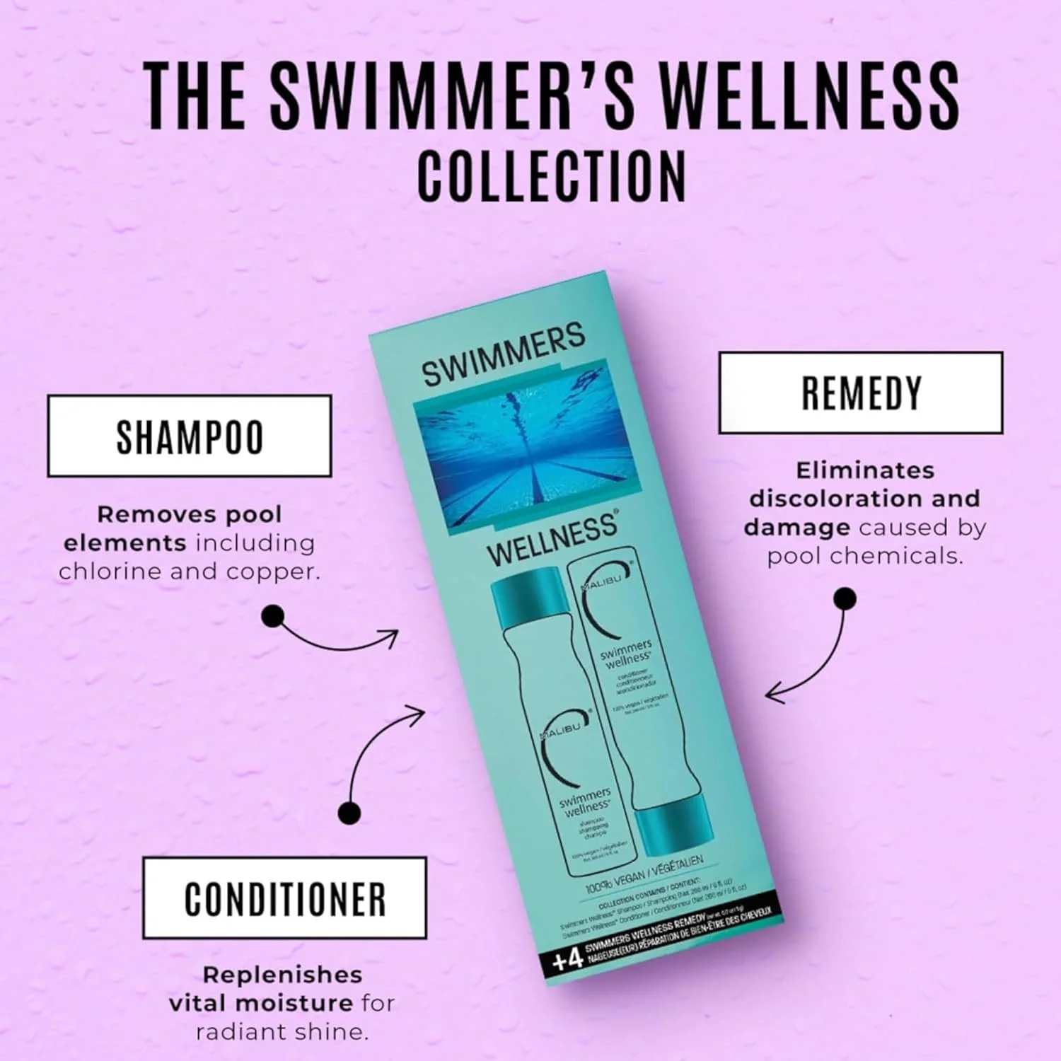 مجموعه مراقبت از موی شناگران Malibu C شامل شامپو، نرم کننده و درمان حرفه ای مو برای شنا، مناسب بانوان و آقایان، 1 عدد