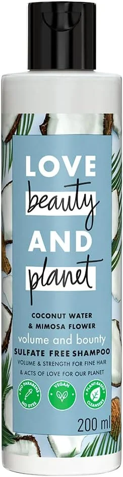 شامپو حجم دهنده فاقد سولفات Love Beauty And Planet با آب نارگیل و گل میموزا || بدون پارابن || بدون رنگ || 100% روغن نارگیل ارگانیک || 200 میلی لیتر