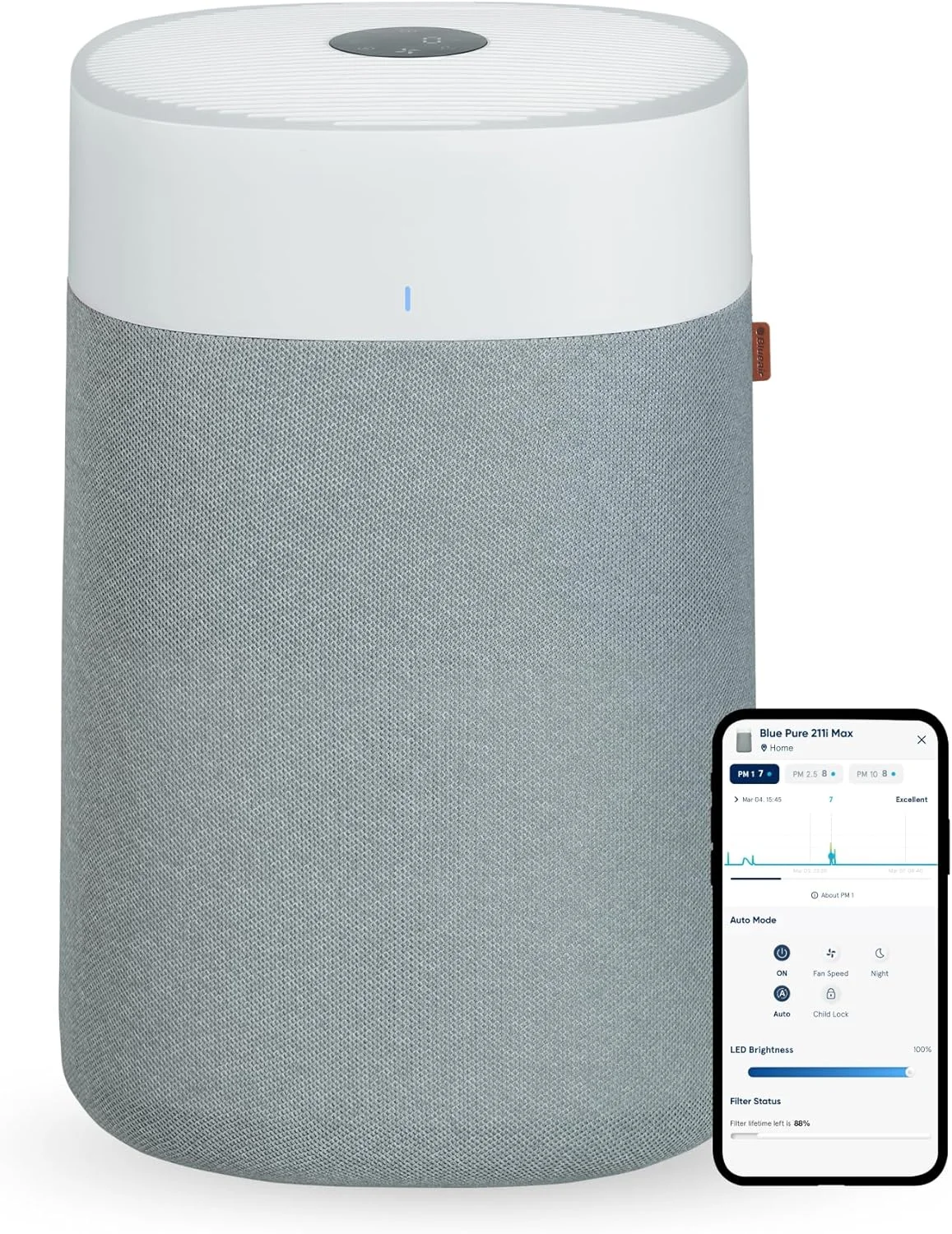 دستگاه تصفیه هوای بلوایر Blue Pure 211i Max مناسب برای اتاق های بزرگ تا 141 متر مربع - هوشمند، بی صدا، فناوری HEPASilent، از بین برنده آلرژن ها، شوره حیوانات خانگی، دود، گرد و غبار و کپک - ایده آل برای خانه و حیوانات خانگی