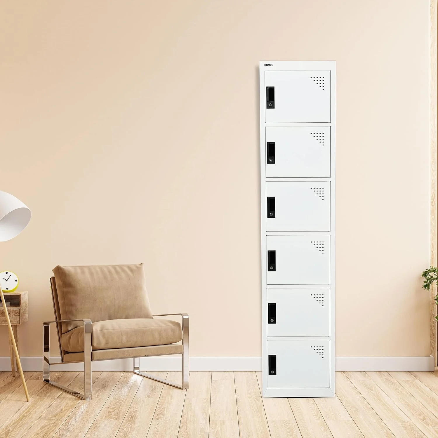 کمد فلزی RIGID شش درب، کمد فلزی فولادی - با 5 طبقه - برای خانه، مدرسه و اداره - قفل با دستگیره پلاستیکی (سفید)