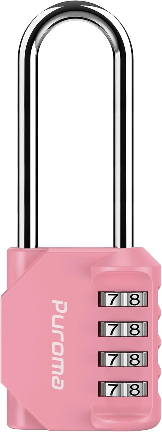 قفل ترکیبی 4 رقمی زنجیر بلند 6.6 سانتی متری پوما، قفل ضد آب مناسب فضای باز برای قفل کردن کمد، کمد ورزشی، حصار، دروازه، جعبه ابزار، کیف، انبار، کابینت (صورتی رز)