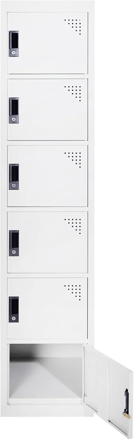 کمد فلزی RIGID شش درب، کمد فلزی فولادی - با 5 طبقه - برای خانه، مدرسه و اداره - قفل با دستگیره پلاستیکی (سفید)