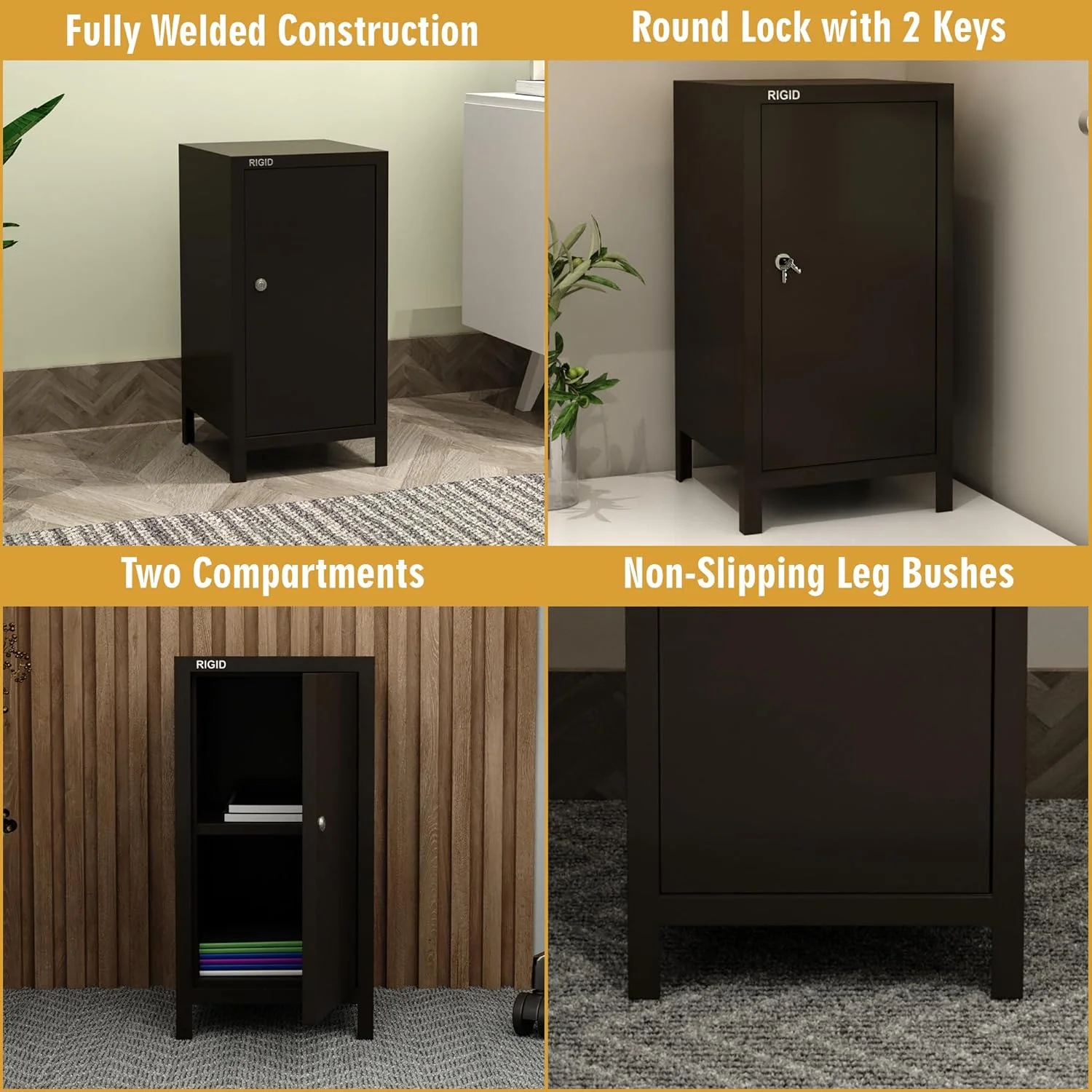 کمد فلزی کوچک RIGID با قفل و کلید، سایز کوچک (23.5 عمق x 23.5 عرض x 46 ارتفاع سانتی متر)، مشکی