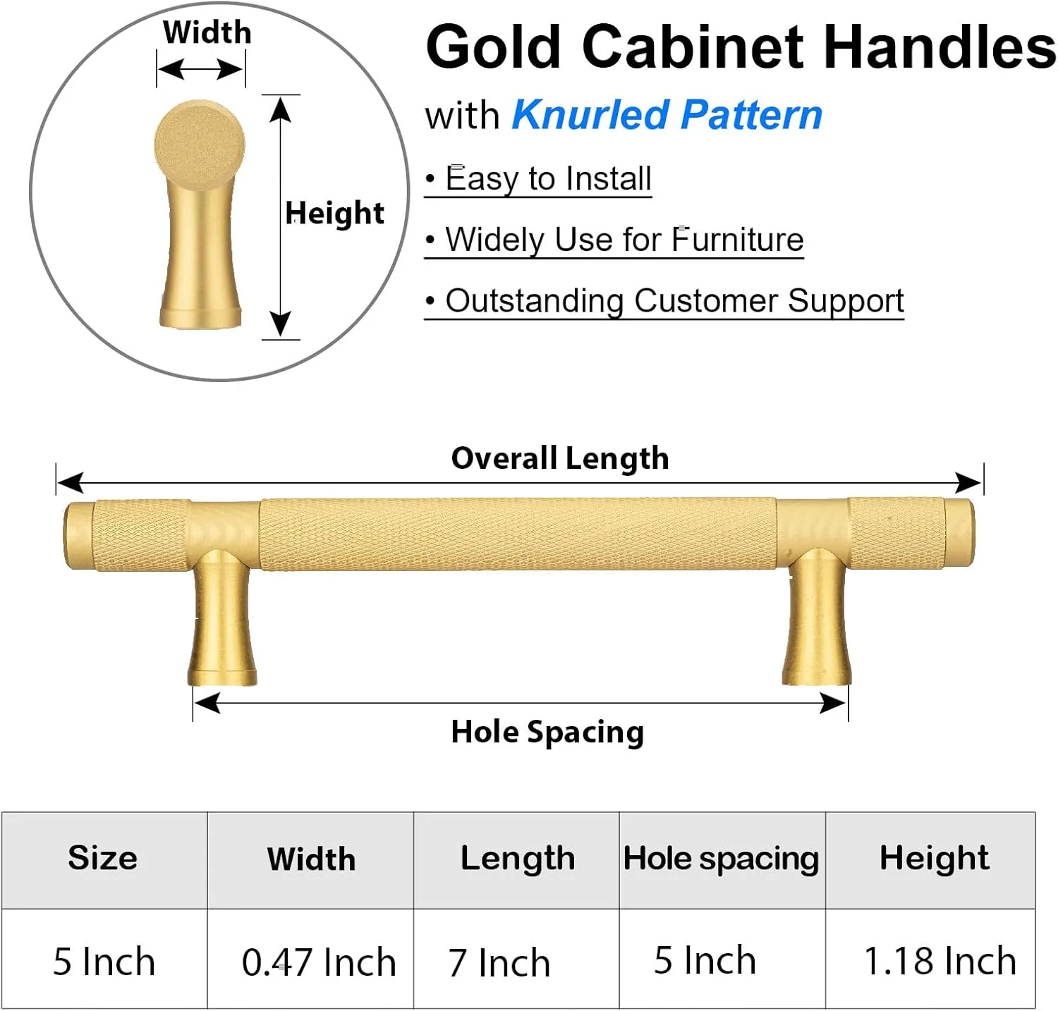 دستگیره کابینت طلایی آجدار AITITAN، بسته 10 عددی - فاصله مرکز تا مرکز سوراخ 5 اینچ (طول کلی 7 اینچ)، دستگیره های برنجی برس خورده و دستگیره های طلایی برای کمد، کابینت و جالباسی