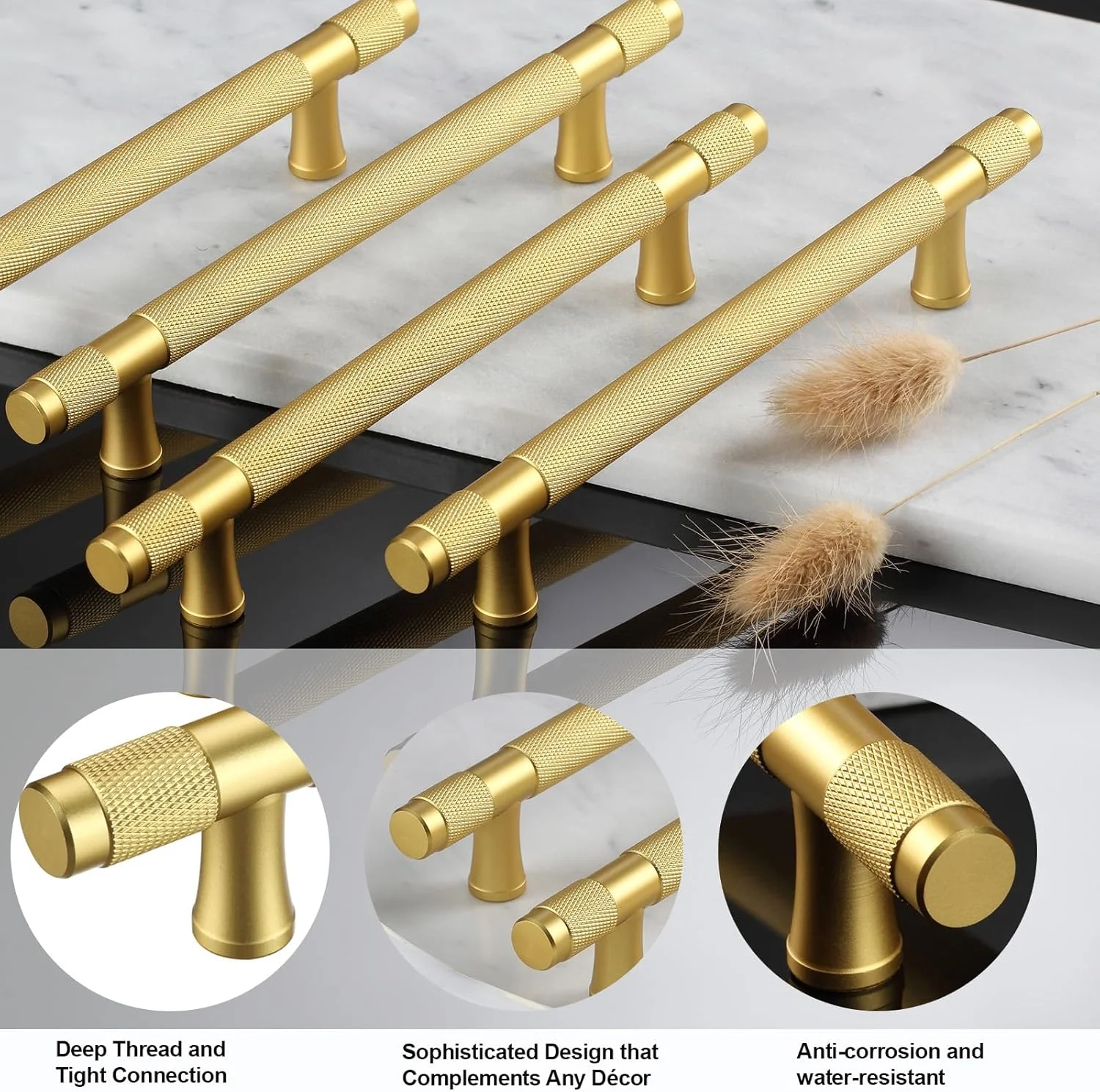 دستگیره کابینت طلایی آجدار AITITAN، بسته 10 عددی - فاصله مرکز تا مرکز سوراخ 5 اینچ (طول کلی 7 اینچ)، دستگیره های برنجی برس خورده و دستگیره های طلایی برای کمد، کابینت و جالباسی