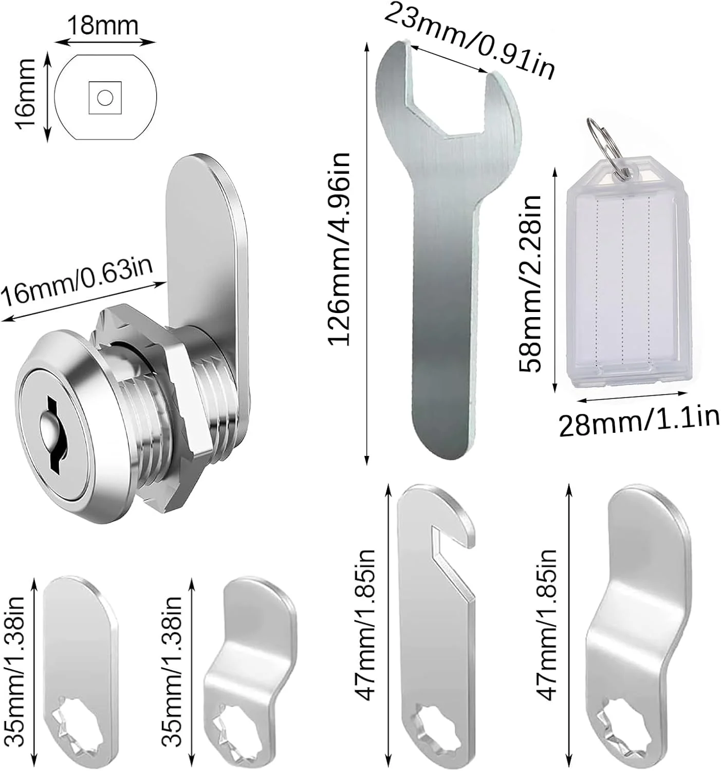 قفل صندوق پستی، 2 عدد کلید، دارای 5 صفحه قفل مختلف، قفل کمد، قطر 18 میلی متر، قفل کشو، قفل اهرمی برای صندوق های پستی، درب های کابینت (همراه با آچار و برچسب)