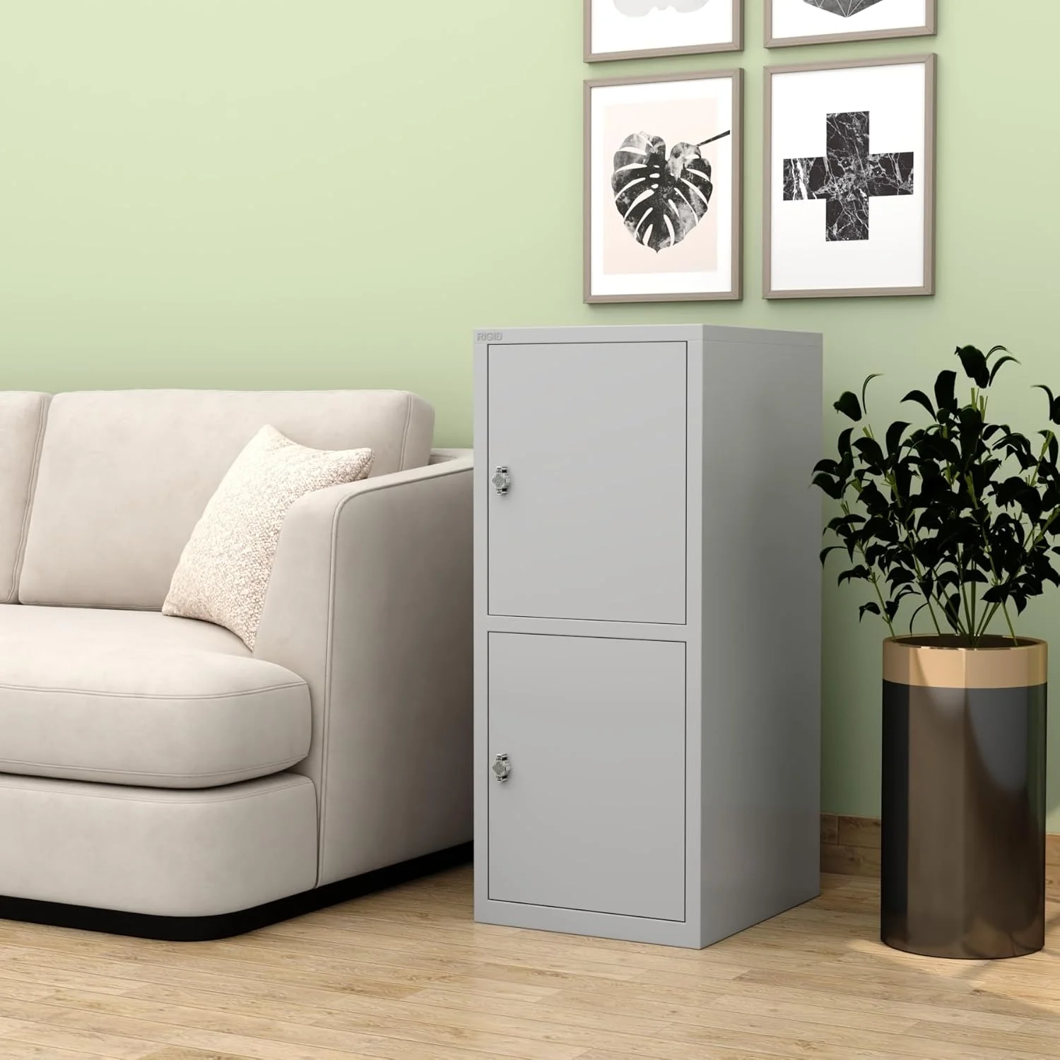 کمد فلزی کوچک دو درب RIGID، کابینت ذخیره سازی فولادی با قفل برای استفاده در خانه، دفتر، مدرسه (خاکستری)