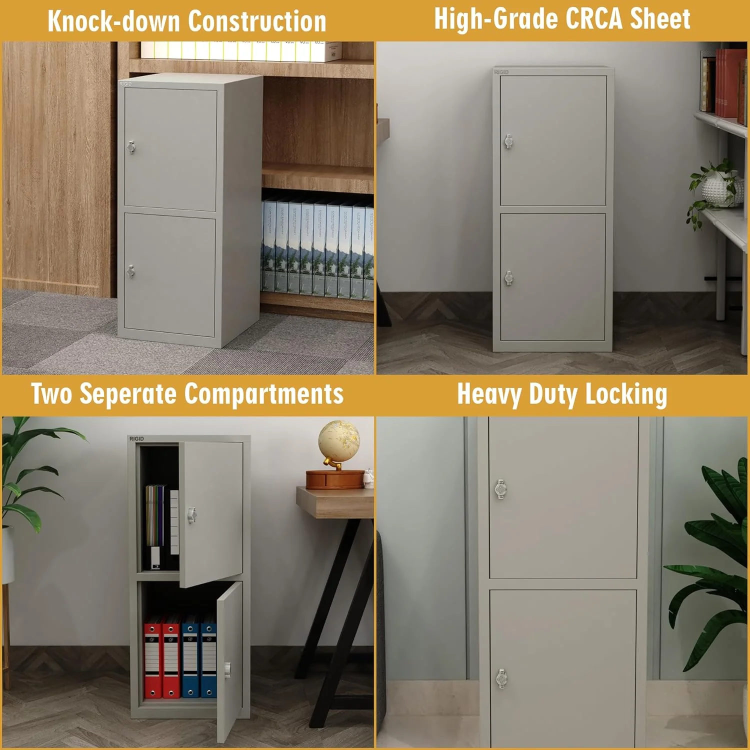 کمد فلزی کوچک دو درب RIGID، کابینت ذخیره سازی فولادی با قفل برای استفاده در خانه، دفتر، مدرسه (خاکستری)