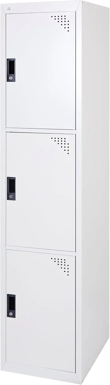 کابینت کمد فلزی 3 درب RIGID با قفل و دستگیره پلاستیکی، کمد نگهداری فلزی برای خانه، مدرسه، دفتر، باشگاه - کمد سازمان دهنده بادوام و دارای تهویه (سفید) - از پیش مونتاژ شده