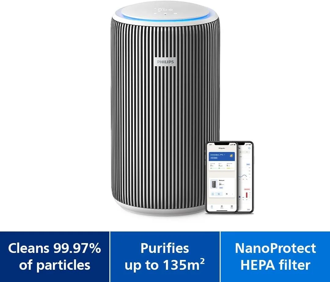 دستگاه تصفیه هوا فیلیپس سری 3200، فیلتر HEPA NanoProtect + کربن فعال، CADR 520m³/h برای فضای 135 متر مربع، فوق العاده بی صدا، هوشمند و کم مصرف، نقره ای (AC3220/10)