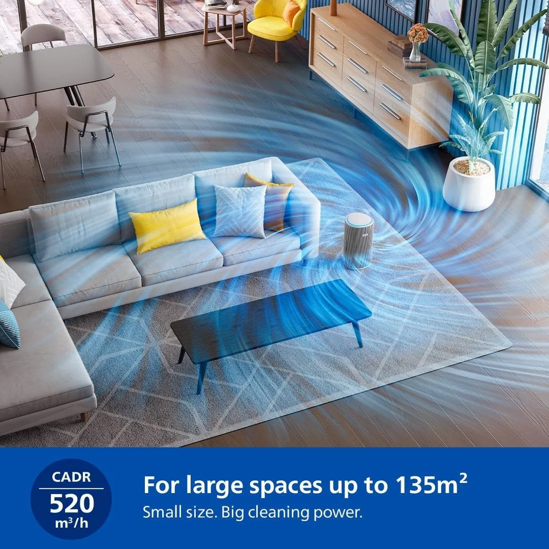 دستگاه تصفیه هوا فیلیپس سری 3200، فیلتر HEPA NanoProtect + کربن فعال، CADR 520m³/h برای فضای 135 متر مربع، فوق العاده بی صدا، هوشمند و کم مصرف، نقره ای (AC3220/10)
