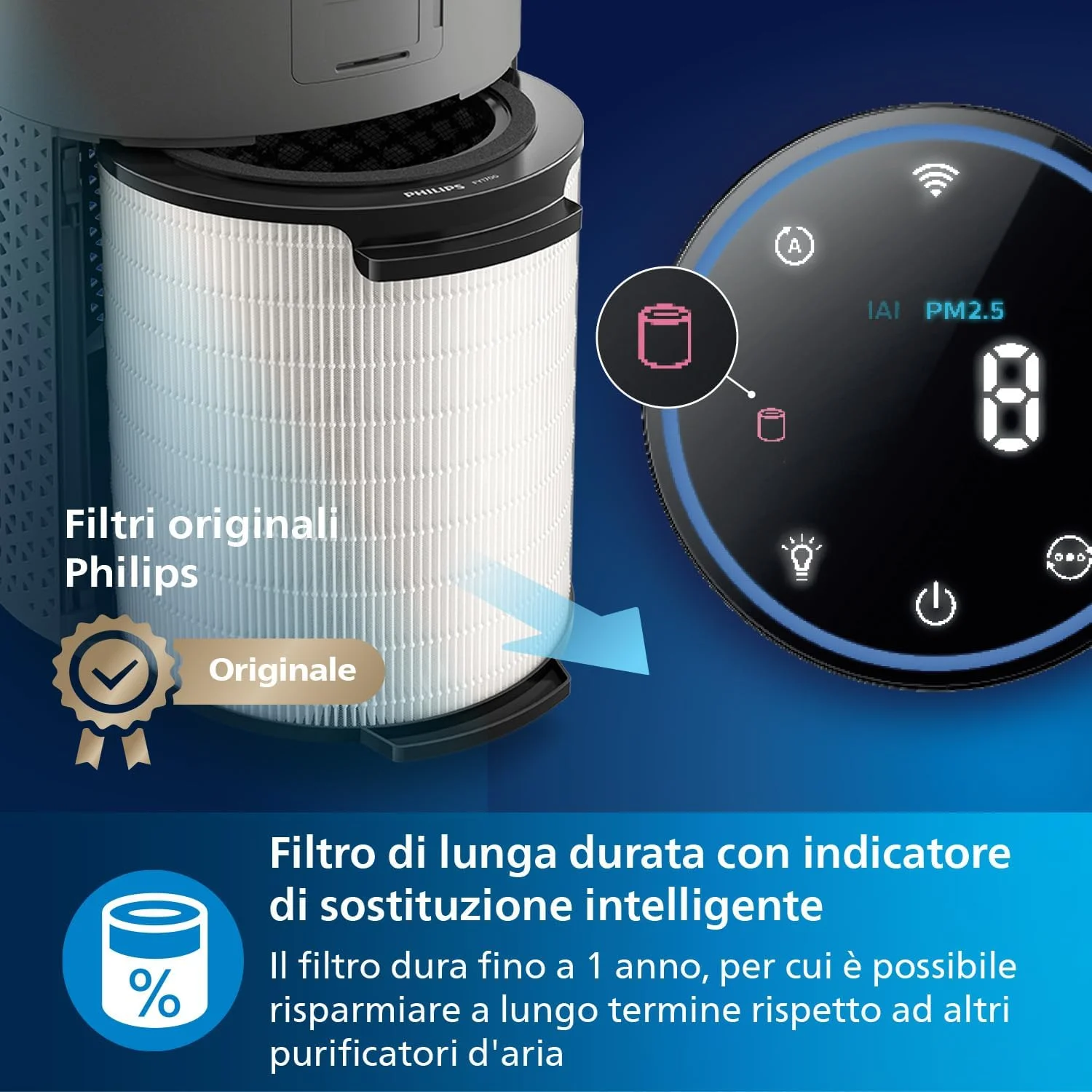 دستگاه تصفیه هوا هوشمند سری 1000i فیلیپس Versuni، مناسب برای اتاق‌هایی تا 78 متر مربع، حذف 99.97% گرده، آلرژی، گرد و غبار و دود، حالت خواب، خاکستری تیره (AC1715/11)