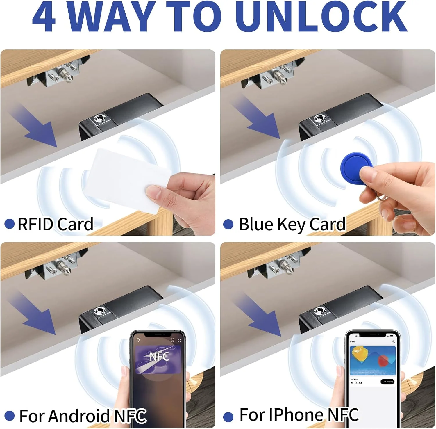 قفل کابینت مخفی RFID Gnellkoor، بسته 2 عددی قفل الکترونیکی نامرئی کابینت RFID پشتیبانی از NFC تلفن برای باز کردن قفل کابینت مخفی، کشو، کمد، جاکفشی یا جعبه ابزار چوبی