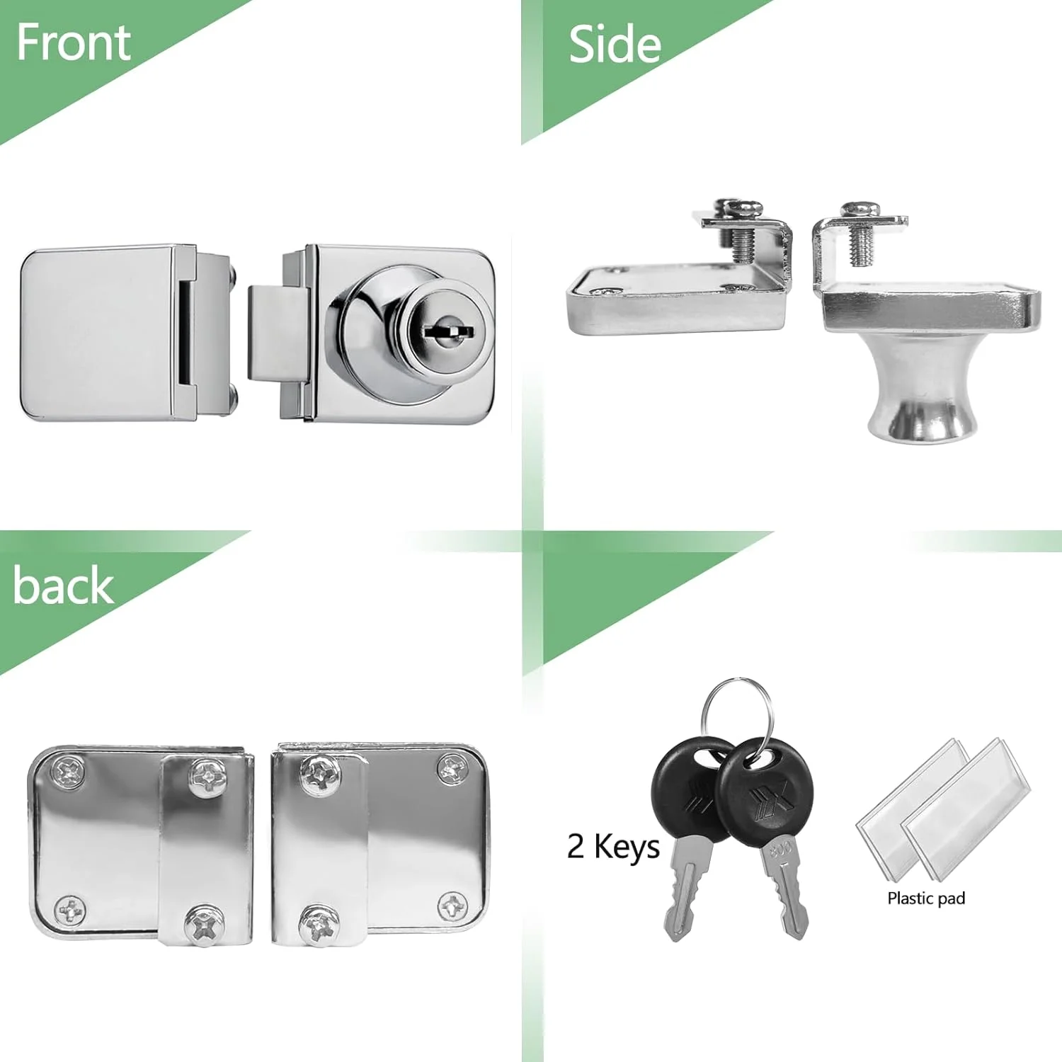 قفل درب شیشه ای بدون نیاز به سوراخکاری آلیاژ روی، قفل کابینت ویترینی درب دوتایی به همراه 2 کلید برای درب شیشه ای 5 تا 8 میلی متری، قفل کمدهای درب شیشه ای دوتایی (نقره ای 1 عدد، B407)