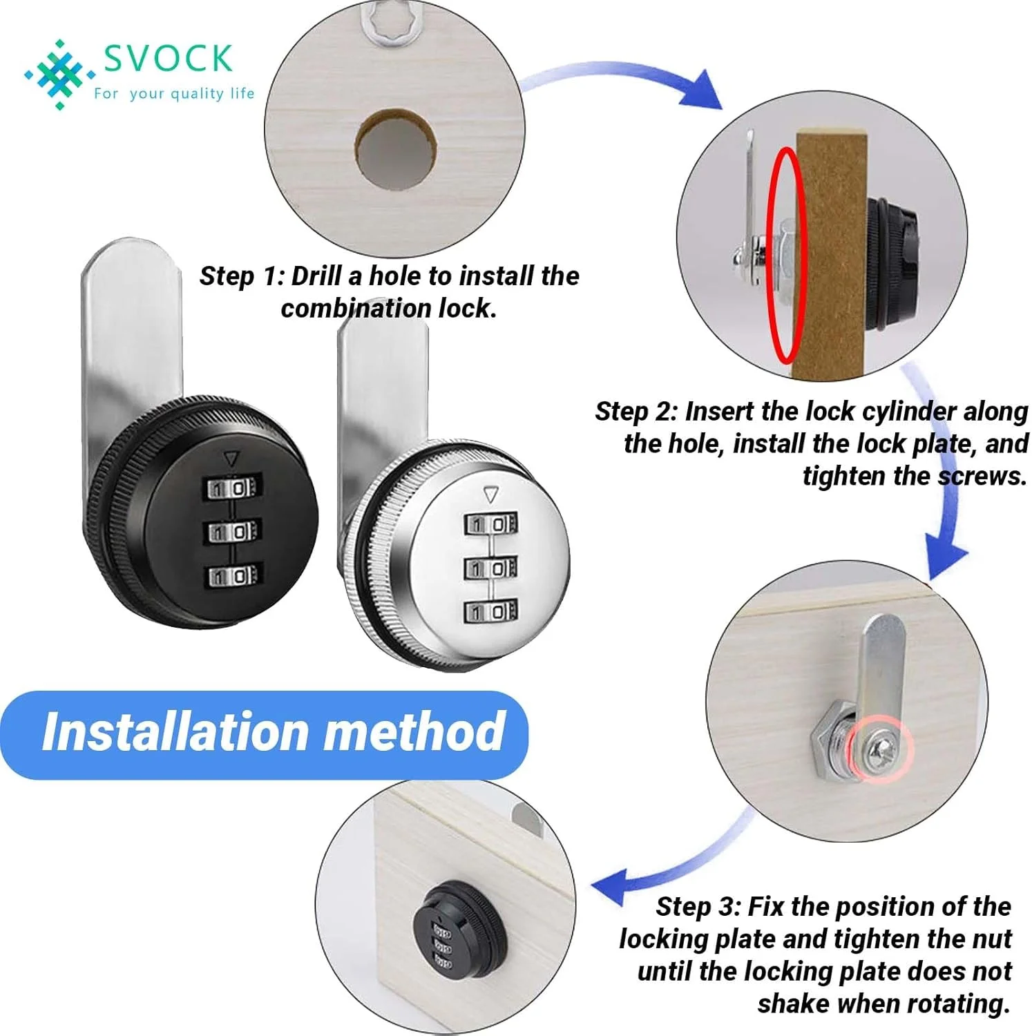 قفل رمزدار کابینت SVOCK، قفل رمزدار دانشجویی امنیتی، قفل چرخشی ترکیبی 3 رقمی، قفل کابینت 25 میلی متری برای کمد، قفسه، مبلمان، دهانه 19 میلی متر، مشکی و نقره ای (2 عدد)