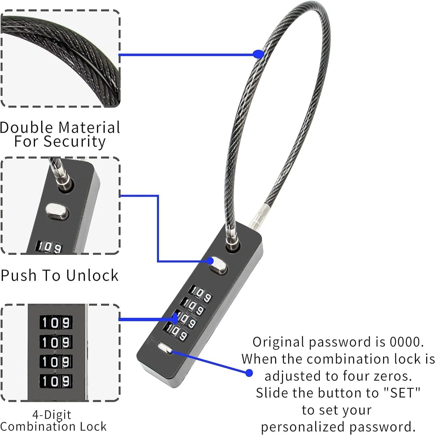قفل کابلی ترکیبی بولیوی، قفل چمدان کابلی فولادی امنیتی ضد آب با کد قابل تنظیم، قفل کابلی فولادی بافته شده ضد سرقت برای دوچرخه، کمد، کابینت پرونده، حصارهای کوچک