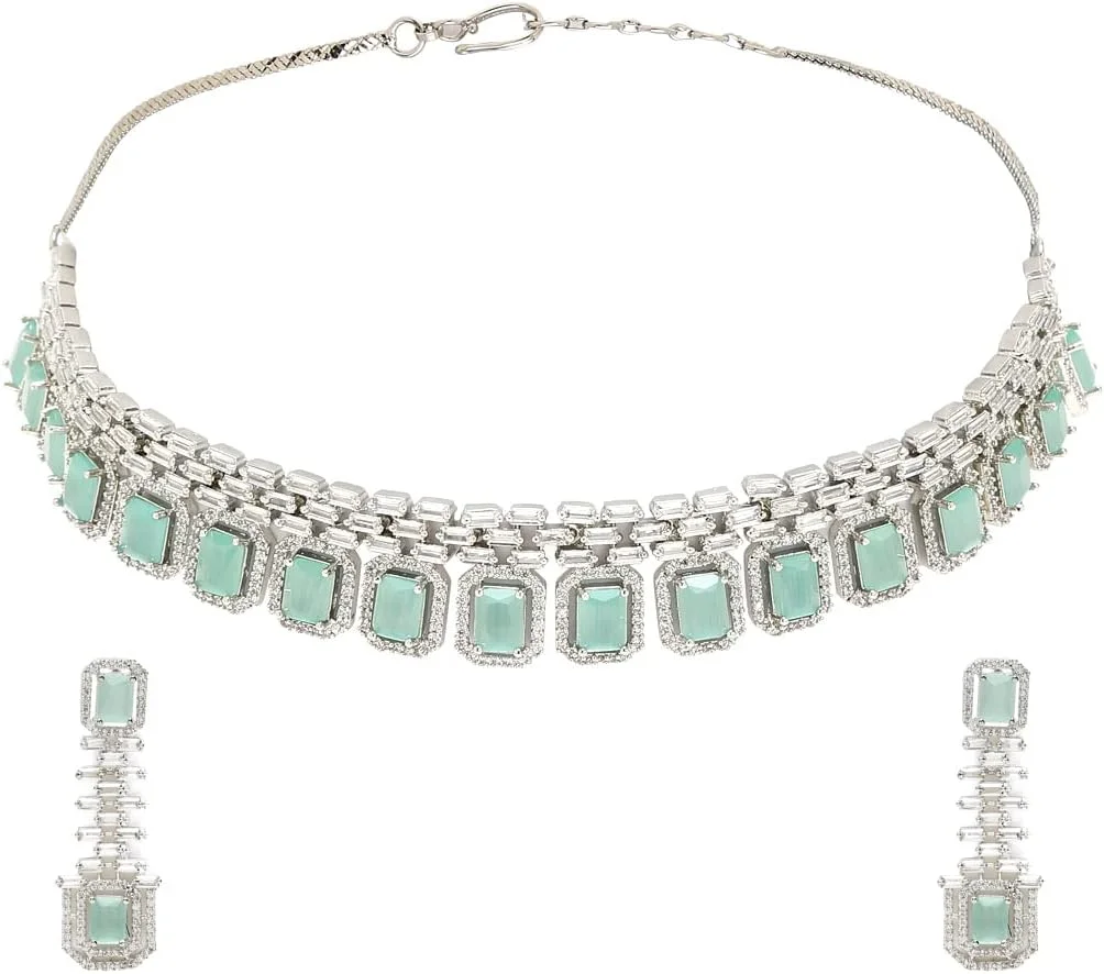 ست جواهرات نقره ای با الهام از سلبریتی YouBella به همراه گوشواره برای دختران و زنان (YBNK_50443) (سبز)، سایز آزاد، برنج، زیرکونیا مکعبی