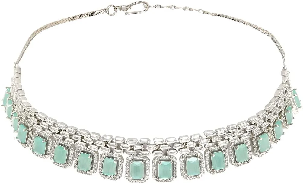 ست جواهرات نقره ای با الهام از سلبریتی YouBella به همراه گوشواره برای دختران و زنان (YBNK_50443) (سبز)، سایز آزاد، برنج، زیرکونیا مکعبی ست جواهرات نقره ای با الهام از سلبریتی YouBella به همراه گوشواره برای دختران و زنان (YBNK_50443) (سبز)، سایز آزاد، برنج، زیرکونیا مکعبی