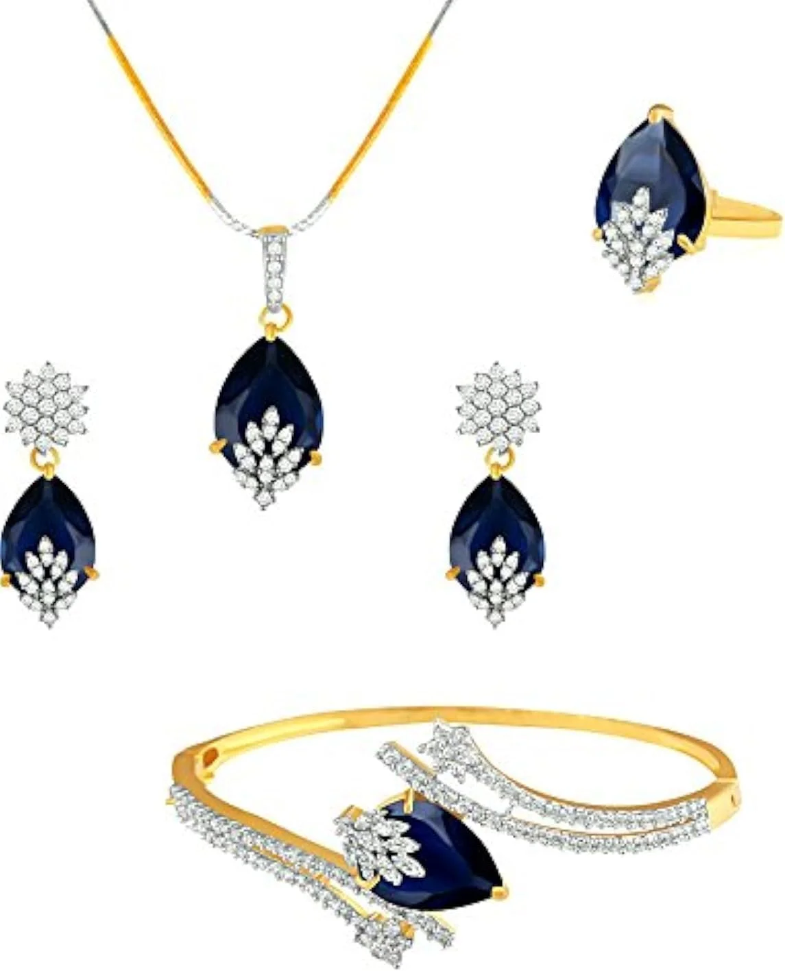 مجموعه امضای YouBella، ست ترکیبی الماس آمریکایی شامل آویز/گردنبند با گوشواره، دستبند و انگشتر برای دختران و زنان (آبی)