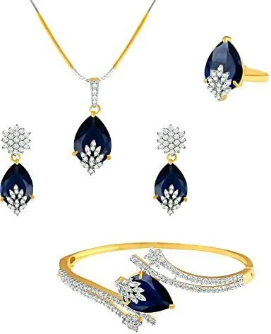 مجموعه امضای YouBella، ست ترکیبی الماس آمریکایی شامل آویز/گردنبند با گوشواره، دستبند و انگشتر برای دختران و زنان (آبی)