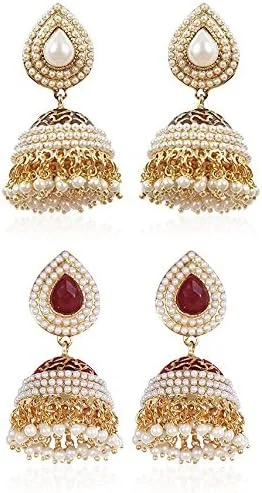 گوشواره های Jhumki مرواریدی و روکش طلایی YouBella، مناسب برای مهمانی و مجالس سنتی، مخصوص بانوان (چند رنگ)(YBEAR_32174)