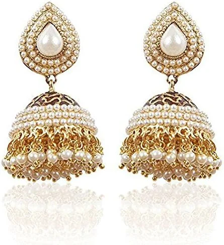 گوشواره های Jhumki مرواریدی و روکش طلایی YouBella، مناسب برای مهمانی و مجالس سنتی، مخصوص بانوان (چند رنگ)(YBEAR_32174)