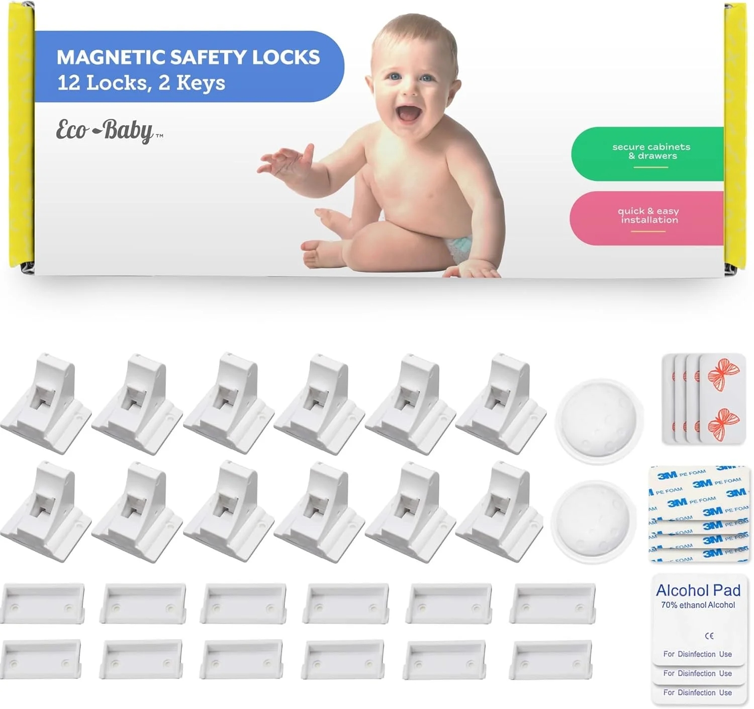 قفل کابینت مغناطیسی کودک اکو بیبی - قفل های مغناطیسی ایمنی کودک، قفل کودک برای کابینت، کشو، درب برای بازگشت به مدرسه - نصب آسان بدون نیاز به ابزار (بسته 12 عددی و 2 کلید)