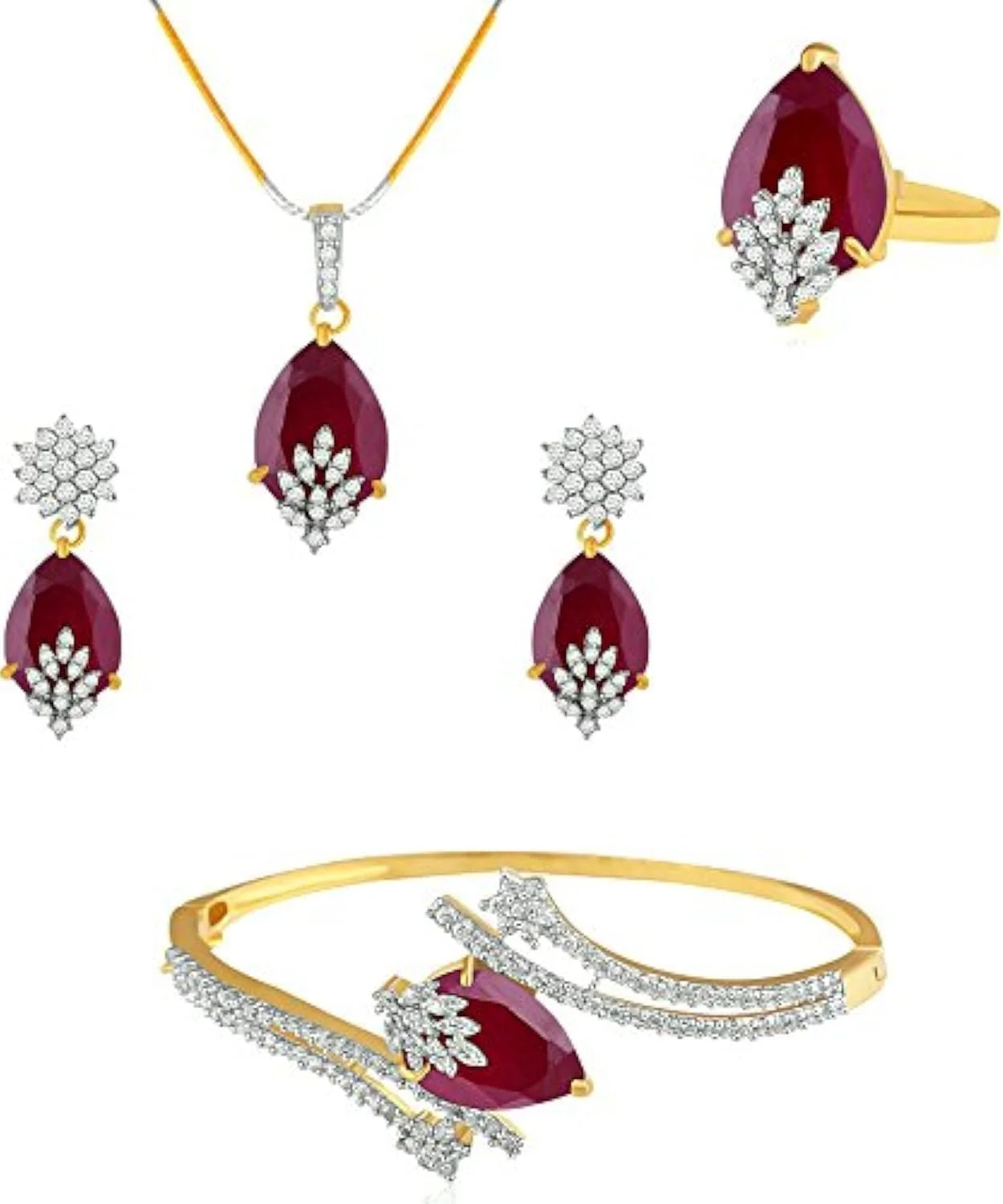 مجموعه امضای YouBella، ست ترکیبی الماس آمریکایی شامل گردنبند با گوشواره، دستبند و انگشتر برای دختران و زنان (قرمز)