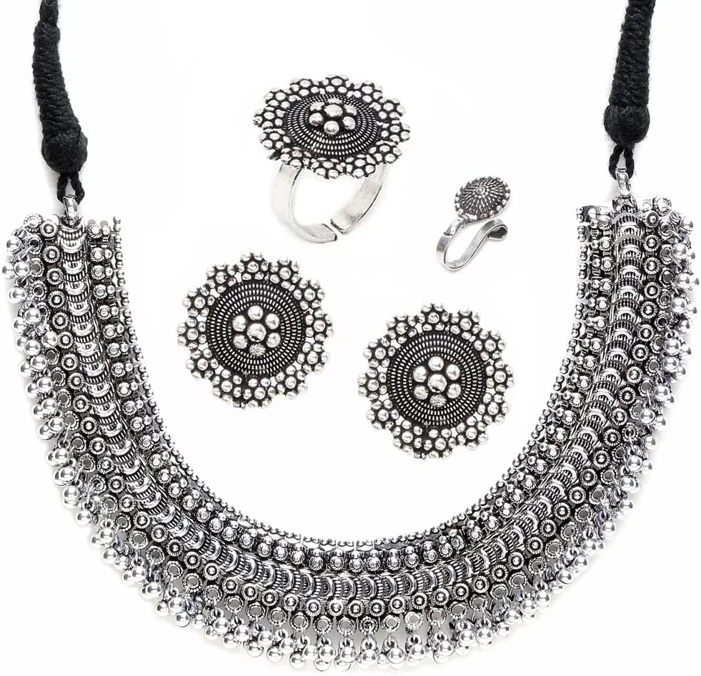 ست جواهرات مد روز یوBella برای زنان، ست گردنبند و گوشواره جواهرات قبیله ای با روکش نقره ای اکسید شده عتیقه برای زنان و دختران