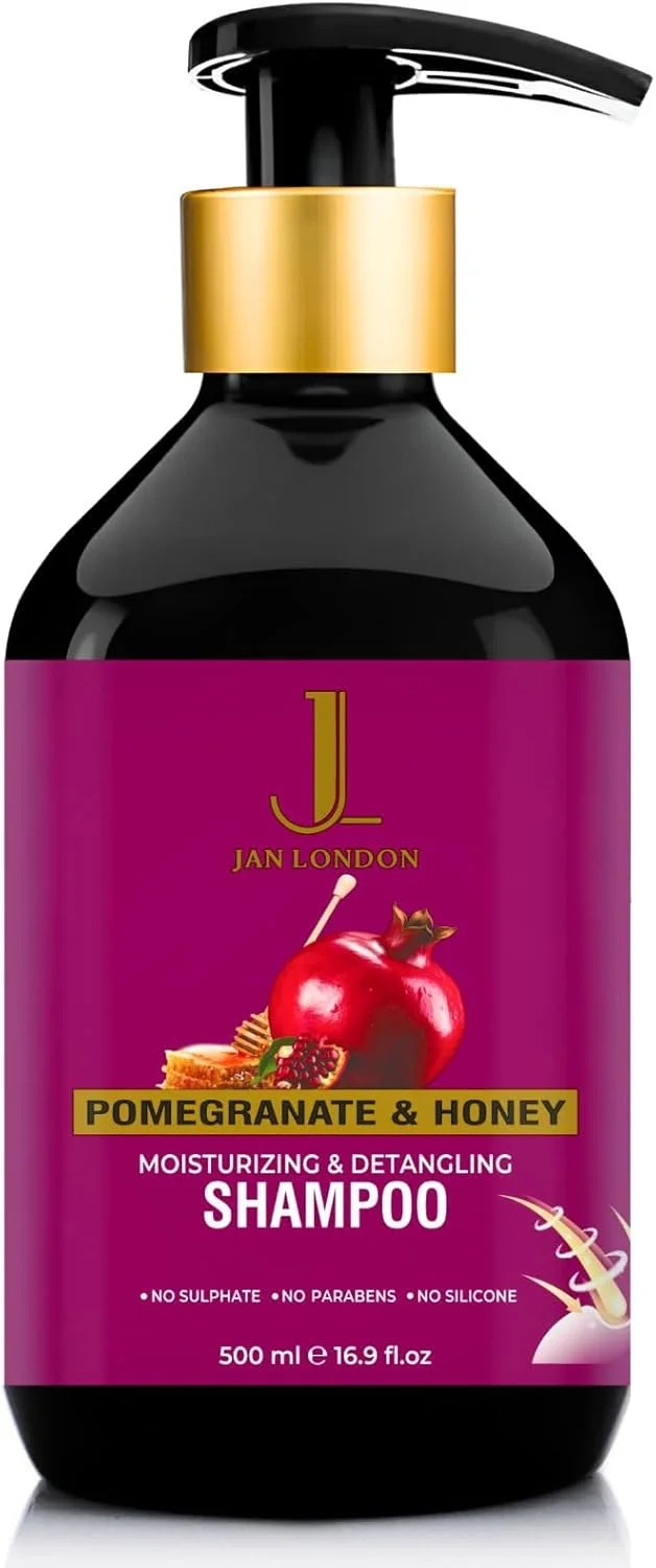 شامپو مرطوب کننده و گره باز کن انار و عسل JAN LONDON – 500 میلی لیتر | بدون سولفات، بدون پارابن، بدون سیلیکون | فرمول فوق العاده آبرسان برای موهای خشک و گره خورده