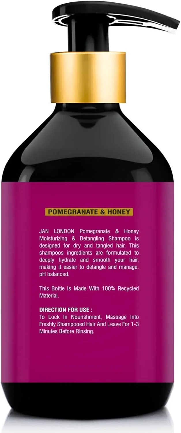 شامپو مرطوب کننده و گره باز کن انار و عسل JAN LONDON – 500 میلی لیتر | بدون سولفات، بدون پارابن، بدون سیلیکون | فرمول فوق العاده آبرسان برای موهای خشک و گره خورده