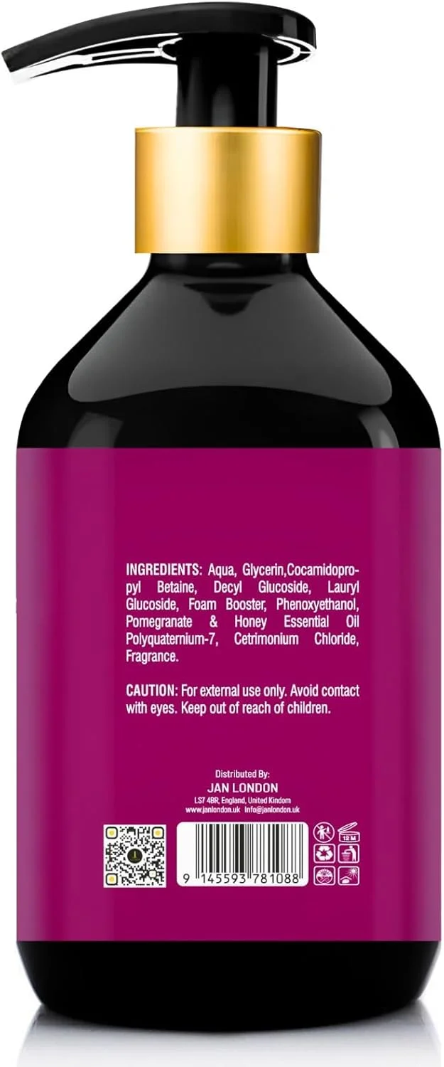 شامپو مرطوب کننده و گره باز کن انار و عسل JAN LONDON – 500 میلی لیتر | بدون سولفات، بدون پارابن، بدون سیلیکون | فرمول فوق العاده آبرسان برای موهای خشک و گره خورده