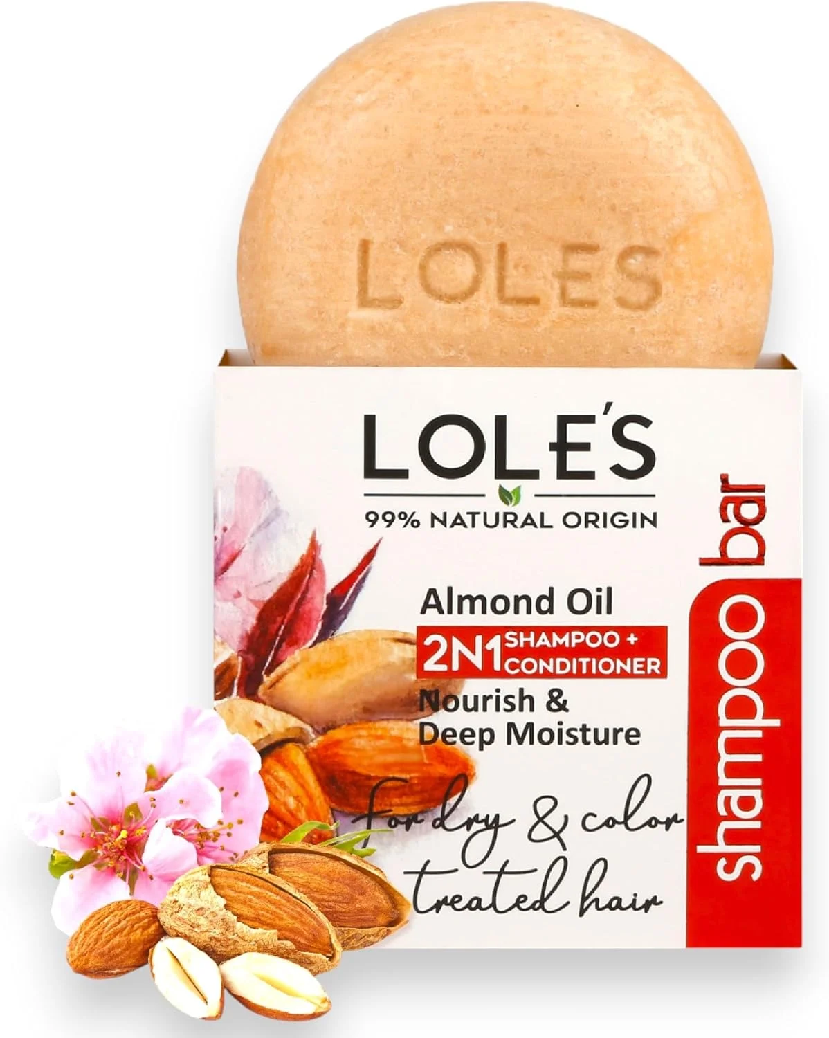 شامپو و نرم کننده جامد 2 در 1 لولز حاوی روغن بادام برای موهای خشک و رنگ شده، تغذیه کننده و مرطوب کننده عمقی، 99% مواد منشاء طبیعی، موم زنبور عسل با منبع پایدار، فاقد مواد نگهدارنده