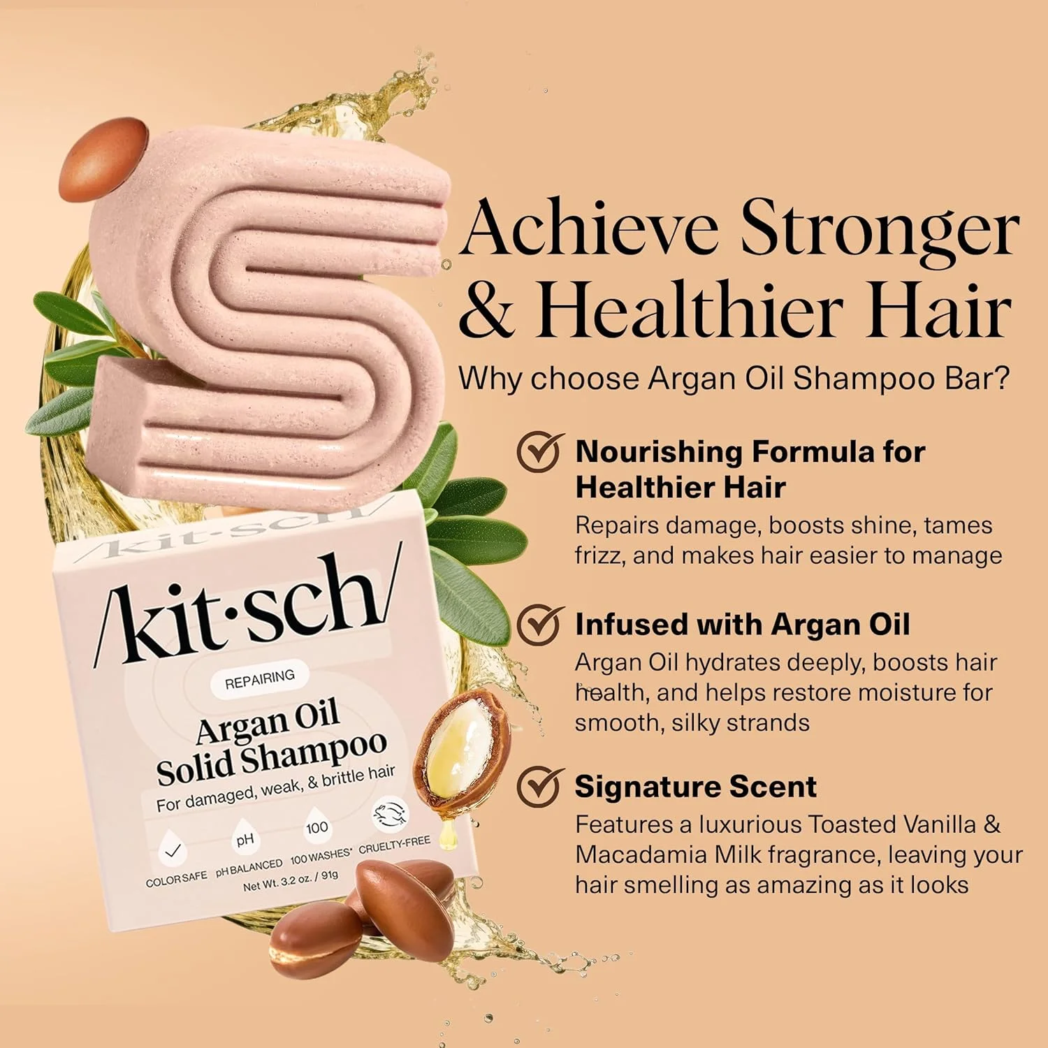 شامپو بار روغن آرگان کیچ - شامپو ترمیم کننده مو برای آقایان و بانوان - تقویت کننده، مغذی، کاهش شکستگی و افزایش خاصیت ارتجاعی مو - فاقد سیلیکون، پارابن و سولفات، ساخت آمریکا - 90 گرم