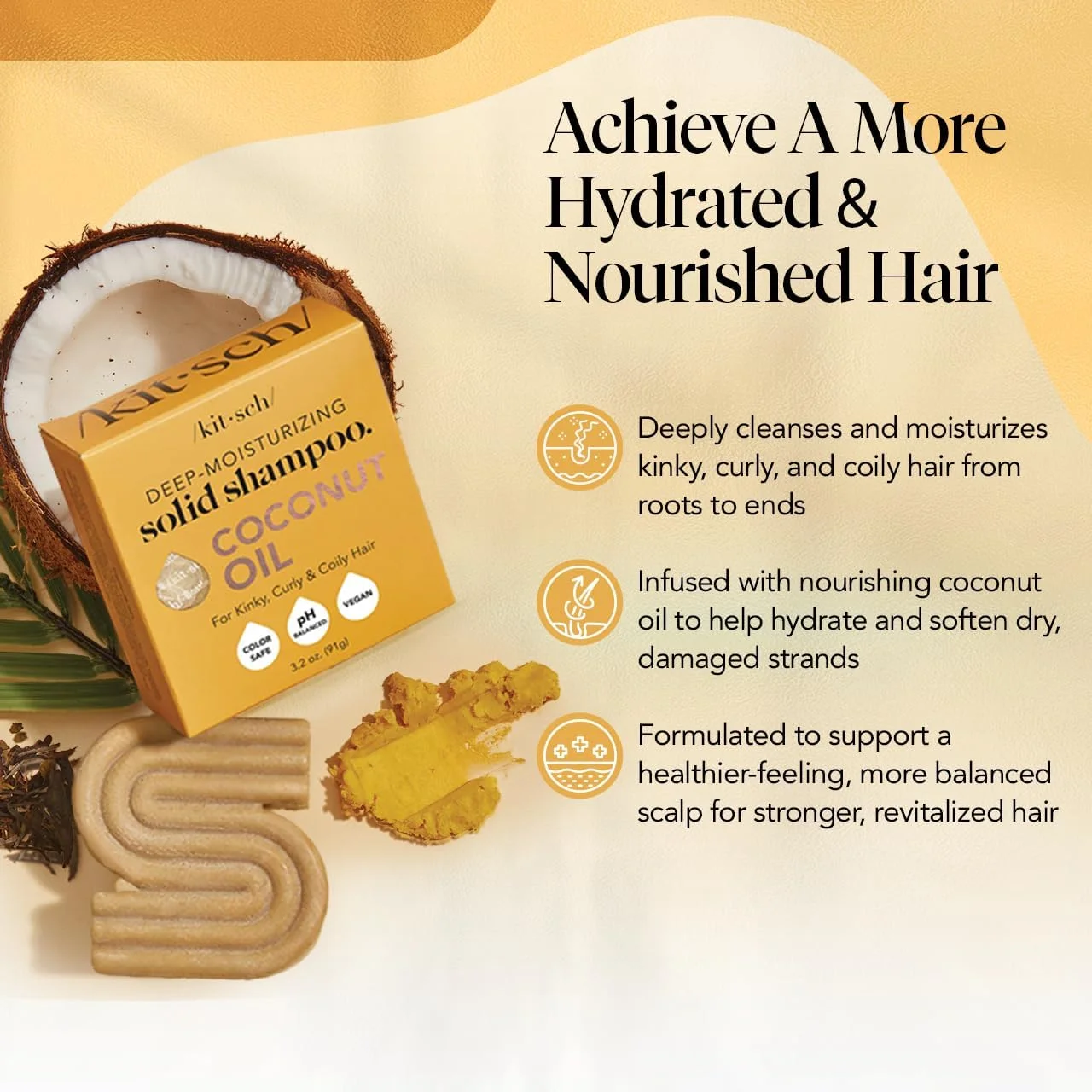 شامپو بار روغن نارگیل کیچ - آبرسان و نرم کننده موهای خشک و آسیب دیده - شامپو مرطوب کننده عمیق برای موهای فر - شامپو ایمن برای موهای رنگ شده - بدون سیلیکون، پارابن و سولفات - 90 گرم