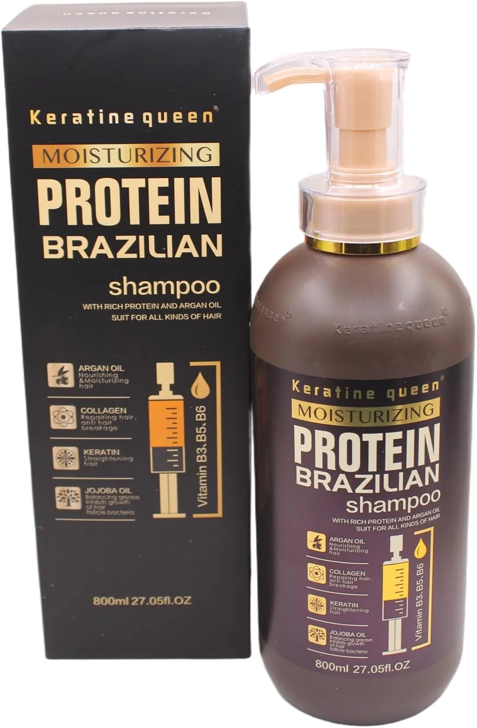 شامپو پروتئینه برزیلی کراتین کویین، مرطوب کننده حاوی روغن آرگان، 800 میلی لیتر، فاقد سیلیکون و پارابن