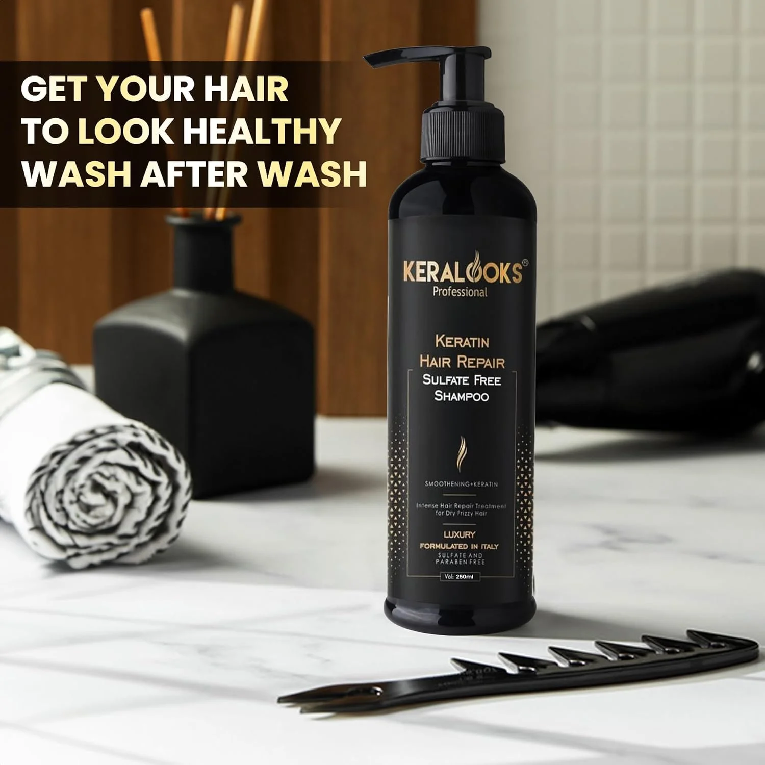 شامپو ترمیم کننده کراتین مو Keralooks professional® برای موهای خشک و وز (250 میلی لیتر)