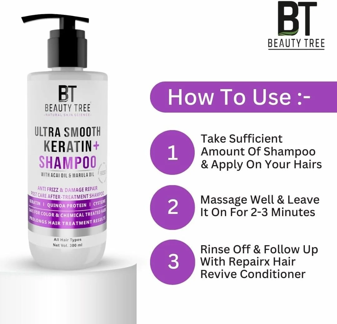 شامپو کراتین پلاس کرمی فوق العاده نرم کننده موهای خشک و آسیب دیده بیوتی تری | شامپو تقویت کننده و ترمیم کننده مو، حاوی پروتئین گندم، مناسب آقایان و بانوان 300 میلی لیتر